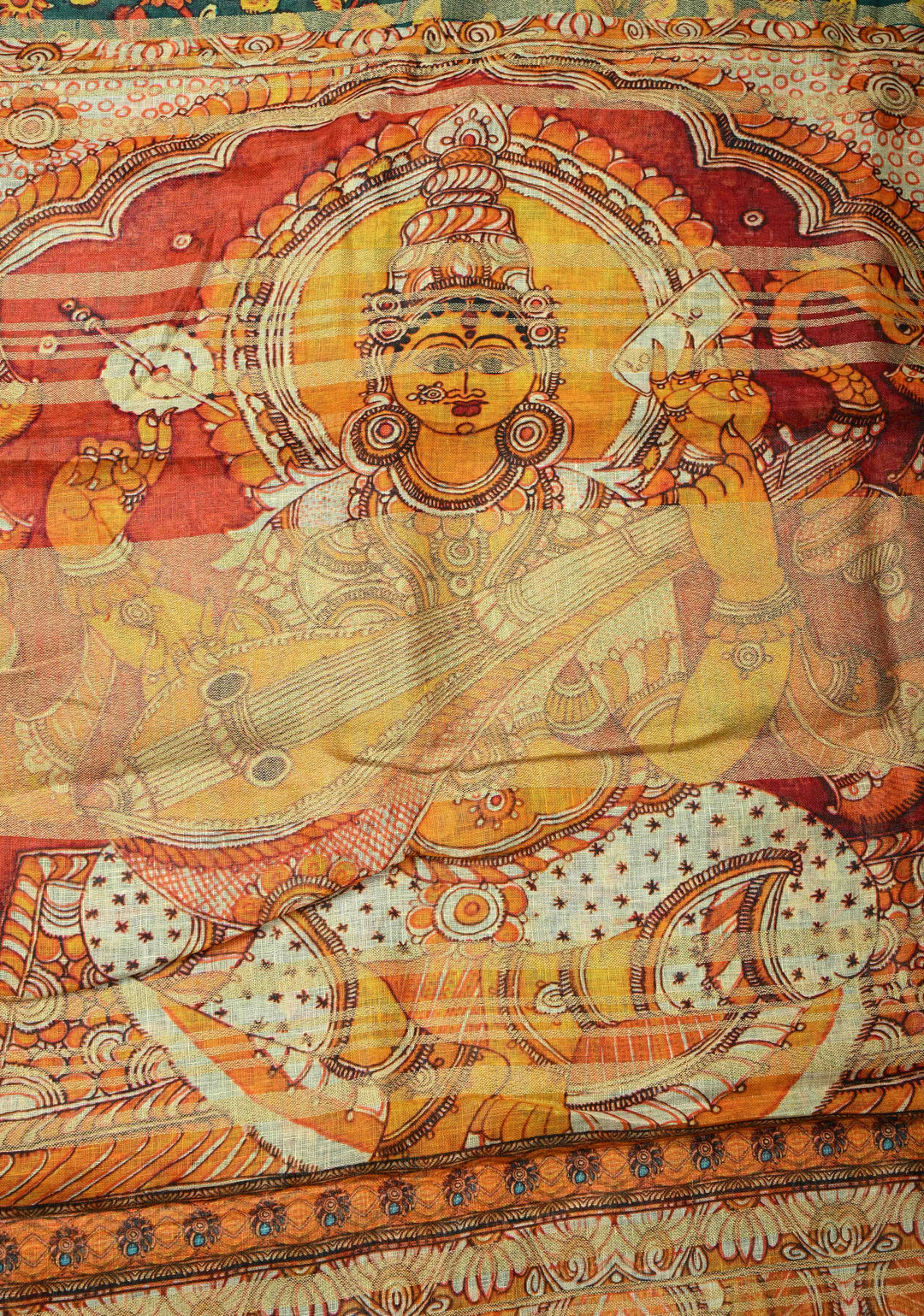 Teal Floral Kalamkari Digital Print on Linen Saree with Devi Motifs on Pallu and Tissue Border
