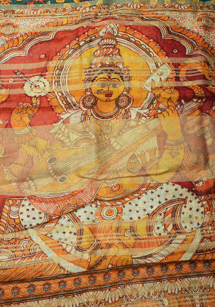 Teal Floral Kalamkari Digital Print on Linen Saree with Devi Motifs on Pallu and Tissue Border
