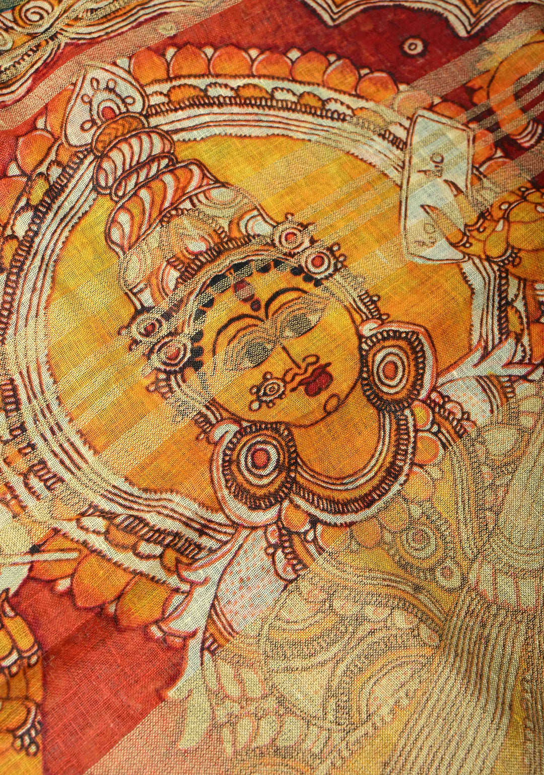 Teal Floral Kalamkari Digital Print on Linen Saree with Devi Motifs on Pallu and Tissue Border