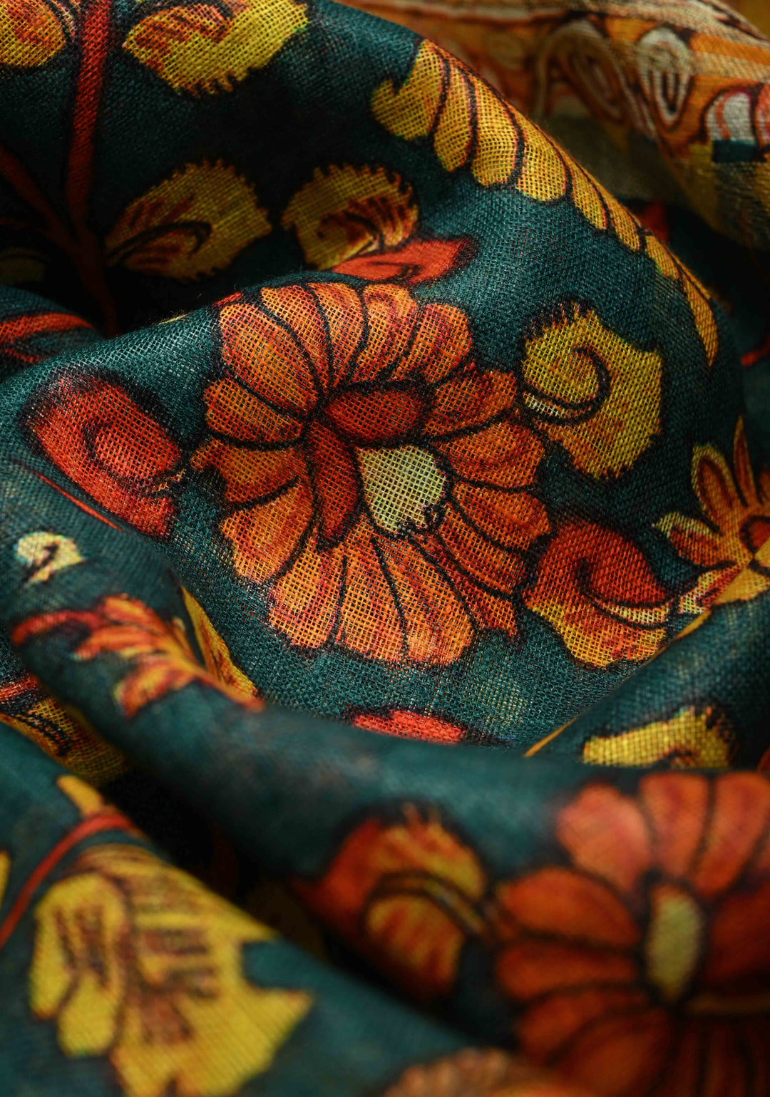 Teal Floral Kalamkari Digital Print on Linen Saree with Devi Motifs on Pallu and Tissue Border