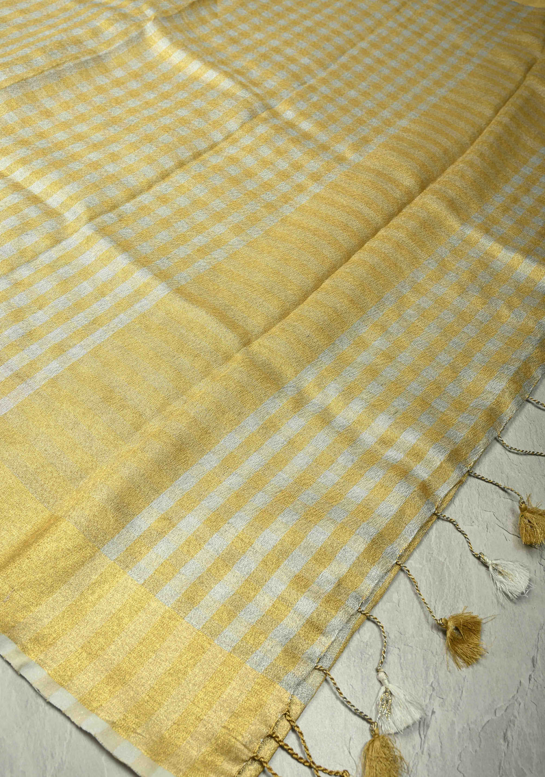 Gold-Silver Alternating Linen and Tissue Saree with Checks Design and Zari Border