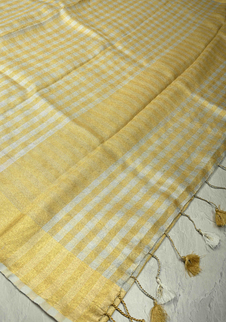 Gold-Silver Alternating Linen and Tissue Saree with Checks Design and Zari Border