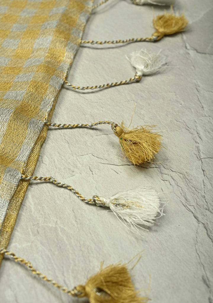 Gold-Silver Alternating Linen and Tissue Saree with Checks Design and Zari Border