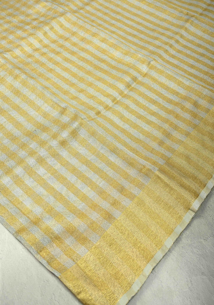 Gold-Silver Alternating Linen and Tissue Saree with Checks Design and Zari Border
