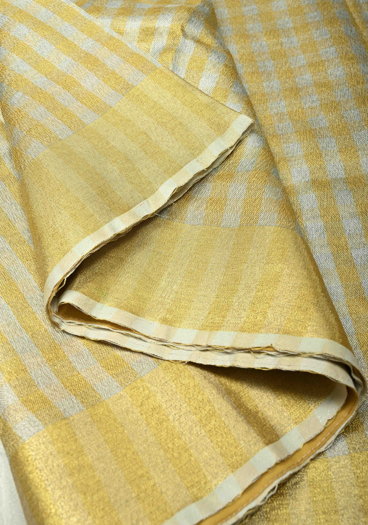 Gold-Silver Alternating Linen and Tissue Saree with Checks Design and Zari Border
