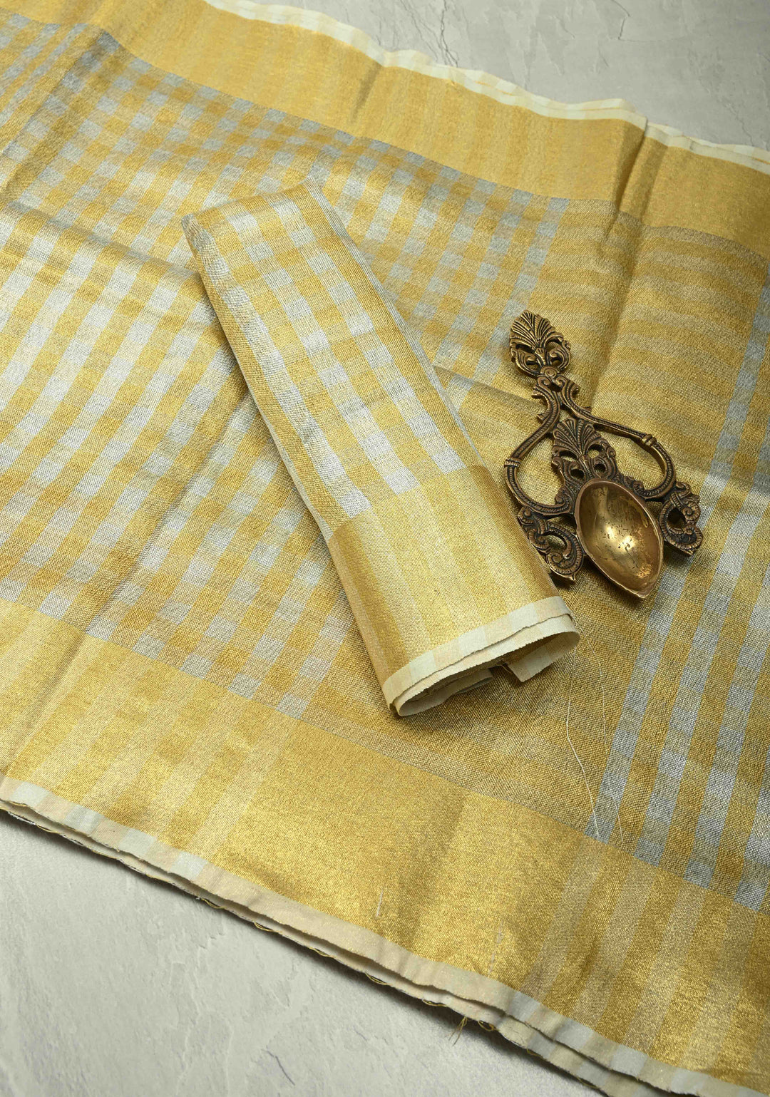 Gold-Silver Alternating Linen and Tissue Saree with Checks Design and Zari Border