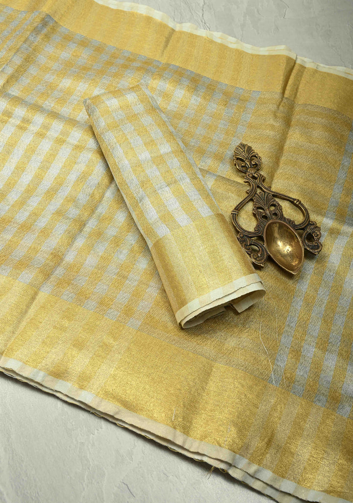 Gold-Silver Alternating Linen and Tissue Saree with Checks Design and Zari Border