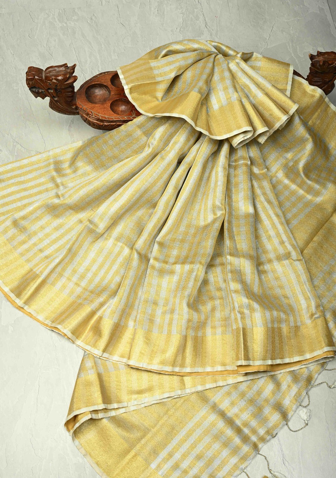 Gold-Silver Alternating Linen and Tissue Saree with Checks Design and Zari Border