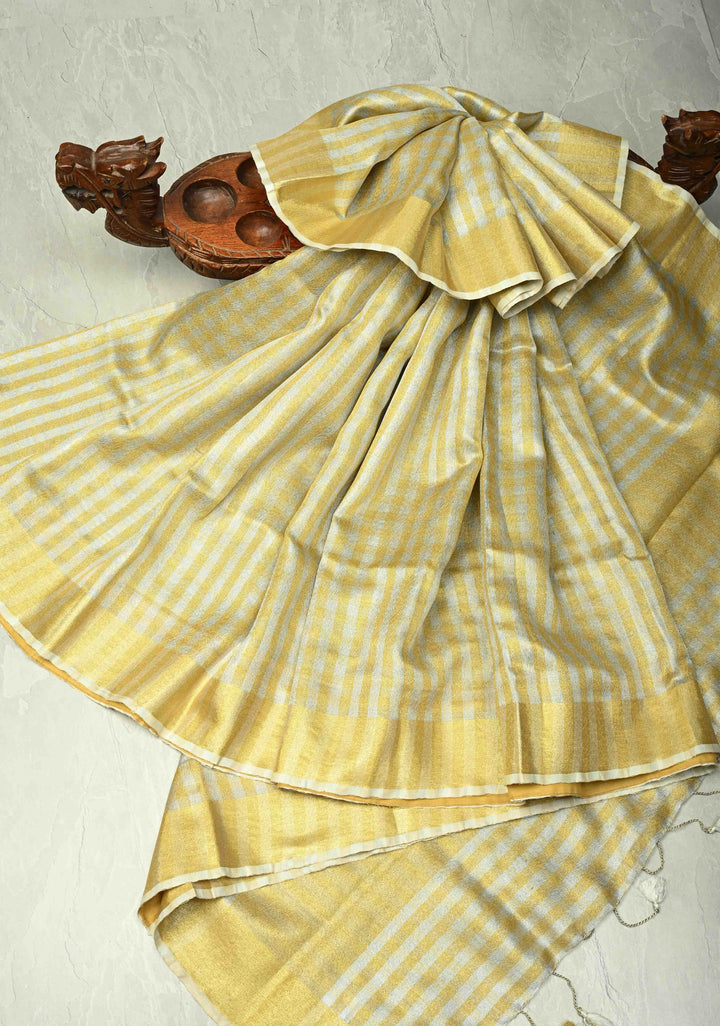 Gold-Silver Alternating Linen and Tissue Saree with Checks Design and Zari Border