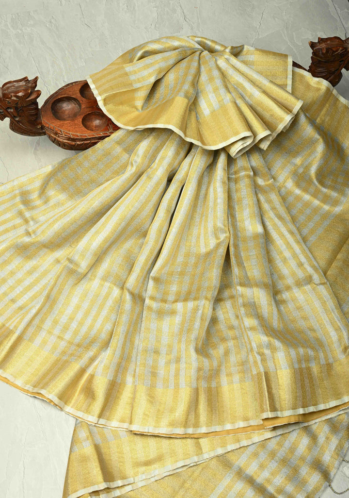 Gold-Silver Alternating Linen and Tissue Saree with Checks Design and Zari Border