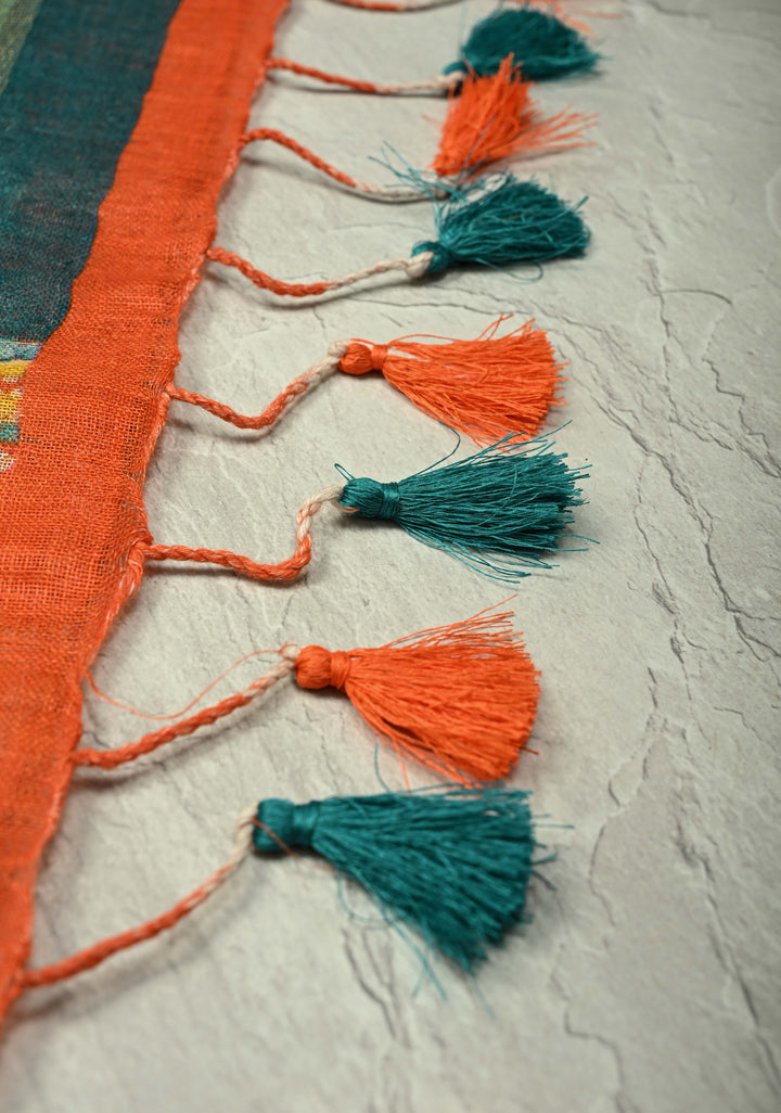 Teal Kalamkari Digital Print on Linen Saree with Peacock Motifs on Pallu and Ganga Jamuna Tissue Border