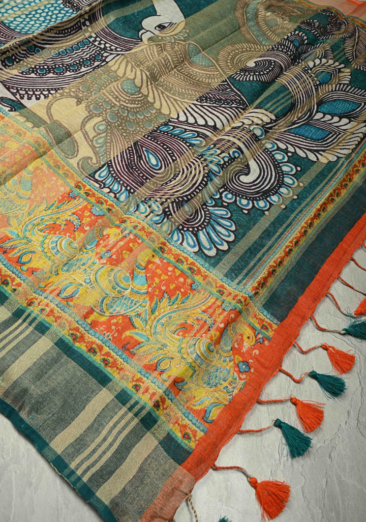 Teal Kalamkari Digital Print on Linen Saree with Peacock Motifs on Pallu and Ganga Jamuna Tissue Border