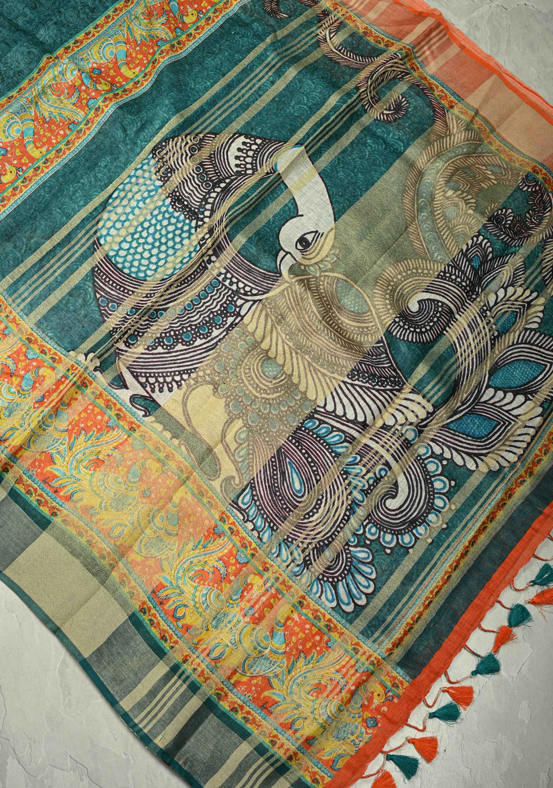 Teal Kalamkari Digital Print on Linen Saree with Peacock Motifs on Pallu and Ganga Jamuna Tissue Border
