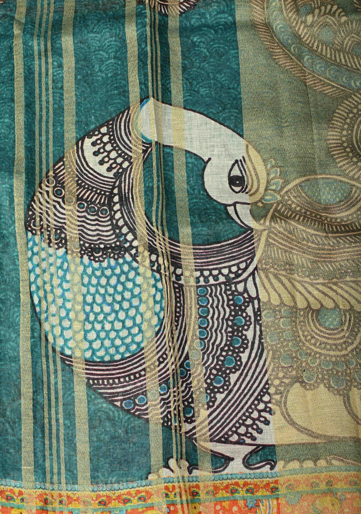 Teal Kalamkari Digital Print on Linen Saree with Peacock Motifs on Pallu and Ganga Jamuna Tissue Border