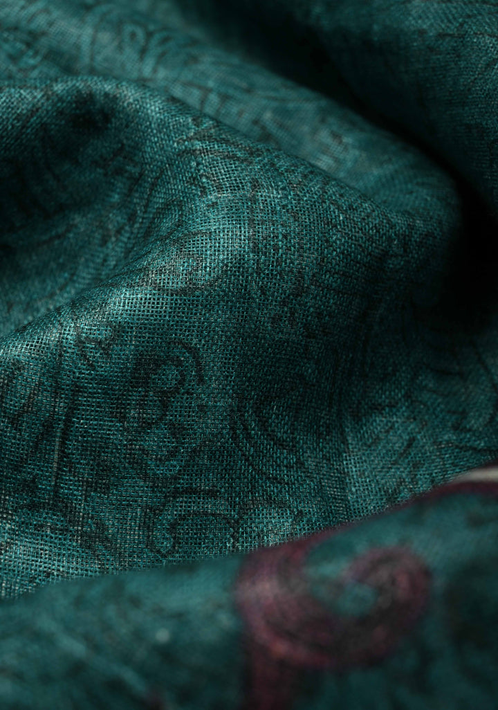 Teal Kalamkari Digital Print on Linen Saree with Peacock Motifs on Pallu and Ganga Jamuna Tissue Border
