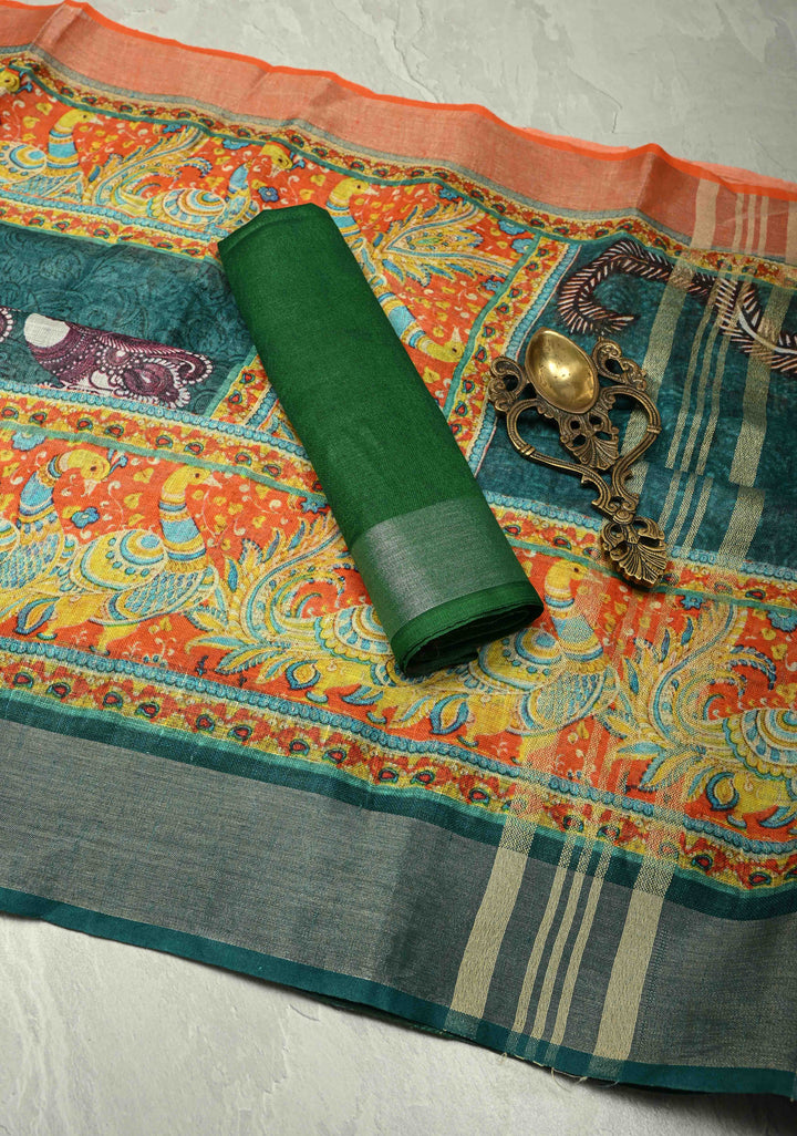 Teal Kalamkari Digital Print on Linen Saree with Peacock Motifs on Pallu and Ganga Jamuna Tissue Border