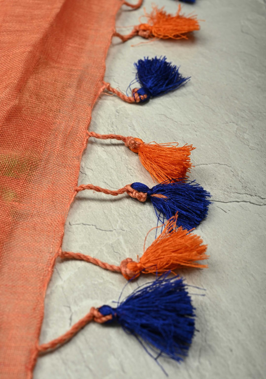 Dark Peach Linen Saree with Botanical Machine Embroidery and Tissue Zari Border