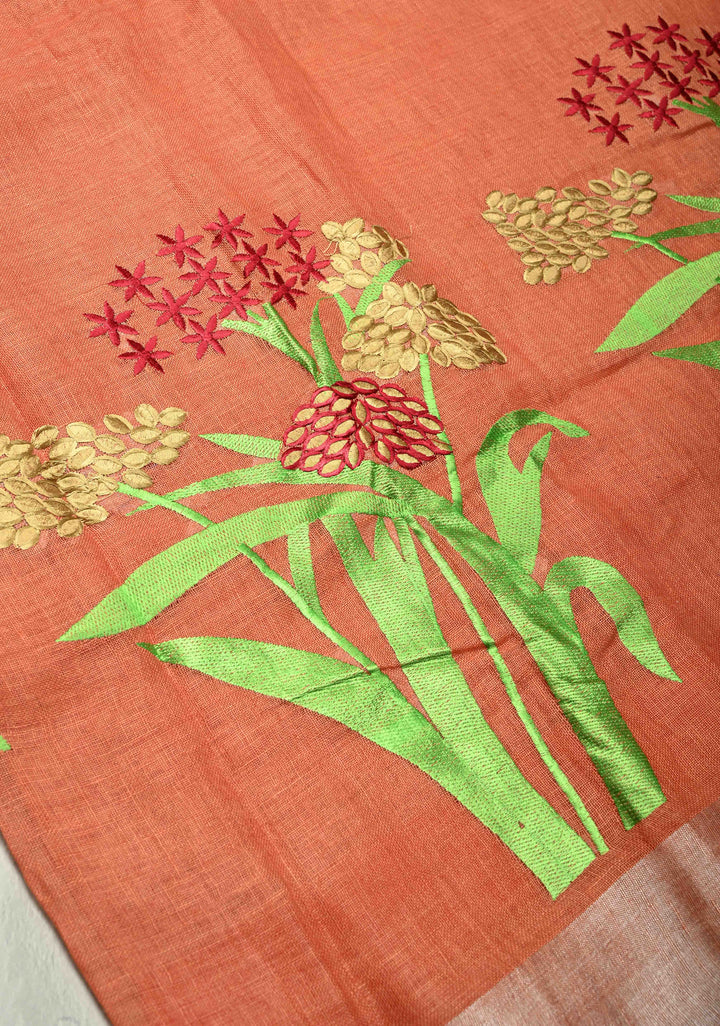 Dark Peach Linen Saree with Botanical Machine Embroidery and Tissue Zari Border