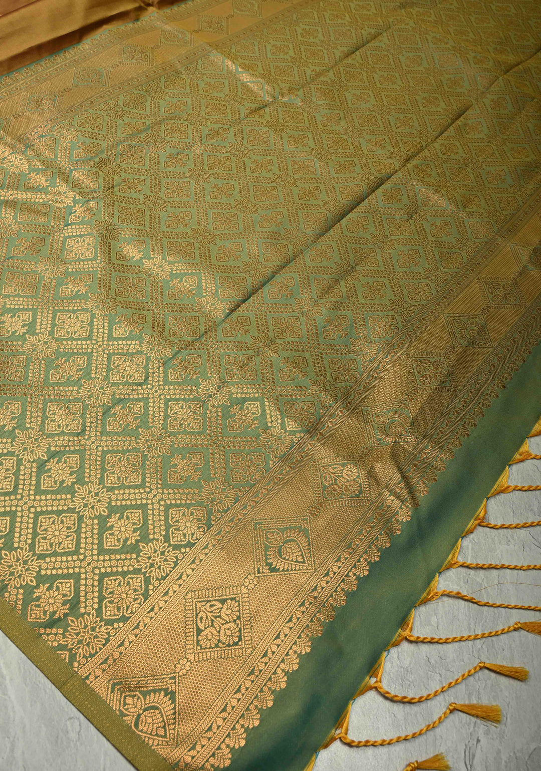 Golden- Brown Dual Tone Kanchi Semi Silk Saree with Floral Meenakari Zari Buttas and Zari Border