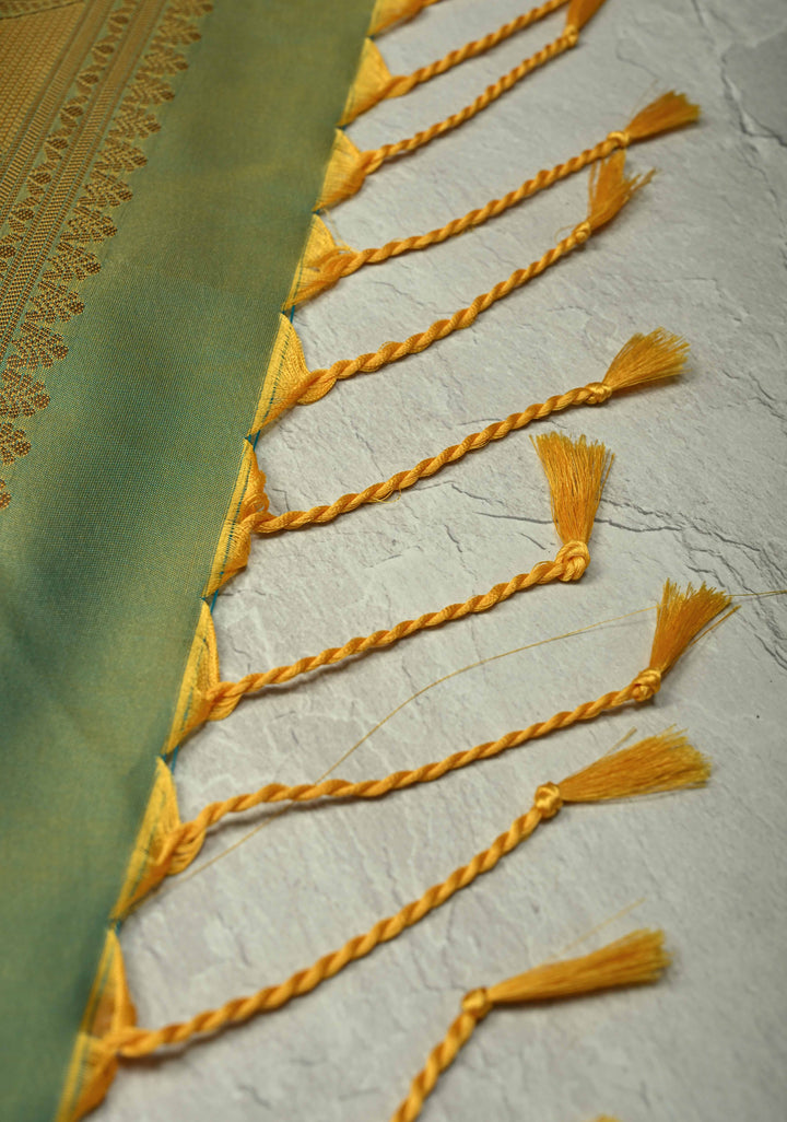 Golden- Brown Dual Tone Kanchi Semi Silk Saree with Floral Meenakari Zari Buttas and Zari Border