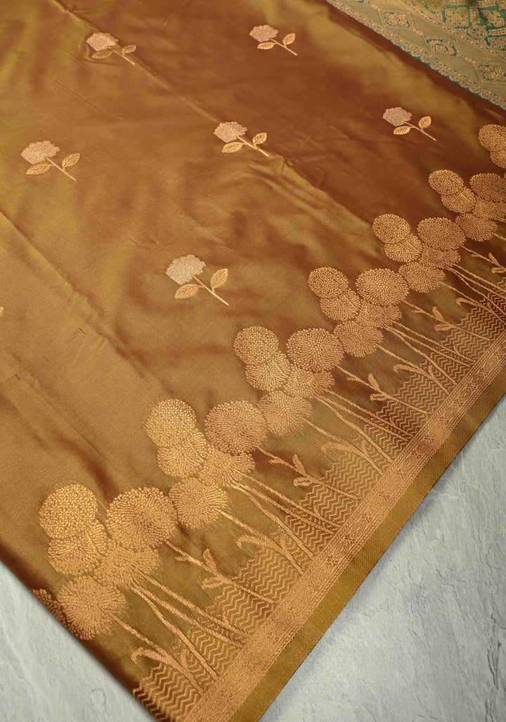 Golden- Brown Dual Tone Kanchi Semi Silk Saree with Floral Meenakari Zari Buttas and Zari Border