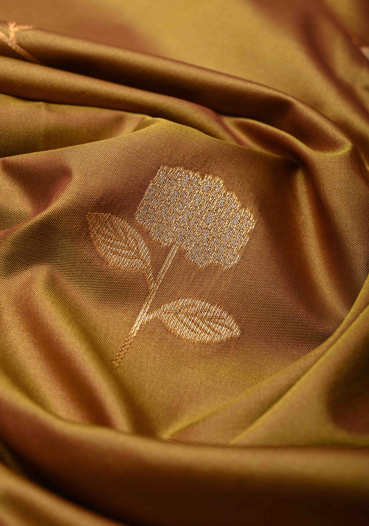 Golden- Brown Dual Tone Kanchi Semi Silk Saree with Floral Meenakari Zari Buttas and Zari Border