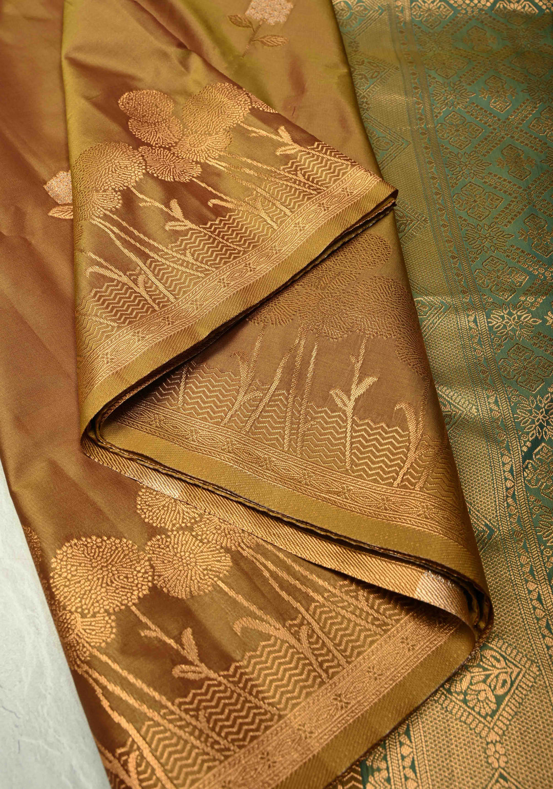 Golden- Brown Dual Tone Kanchi Semi Silk Saree with Floral Meenakari Zari Buttas and Zari Border