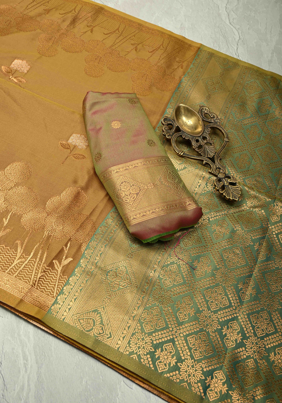 Golden- Brown Dual Tone Kanchi Semi Silk Saree with Floral Meenakari Zari Buttas and Zari Border