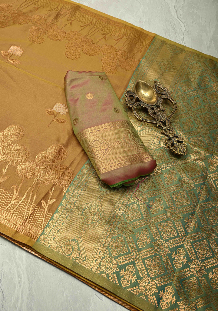 Golden- Brown Dual Tone Kanchi Semi Silk Saree with Floral Meenakari Zari Buttas and Zari Border
