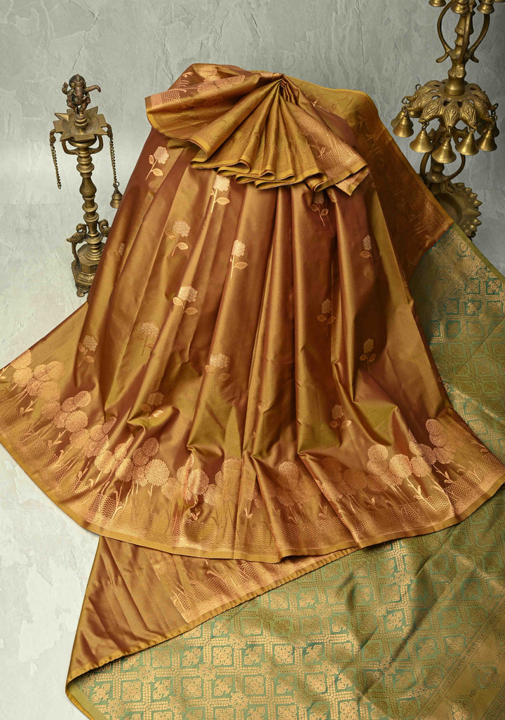 Golden- Brown Dual Tone Kanchi Semi Silk Saree with Floral Meenakari Zari Buttas and Zari Border