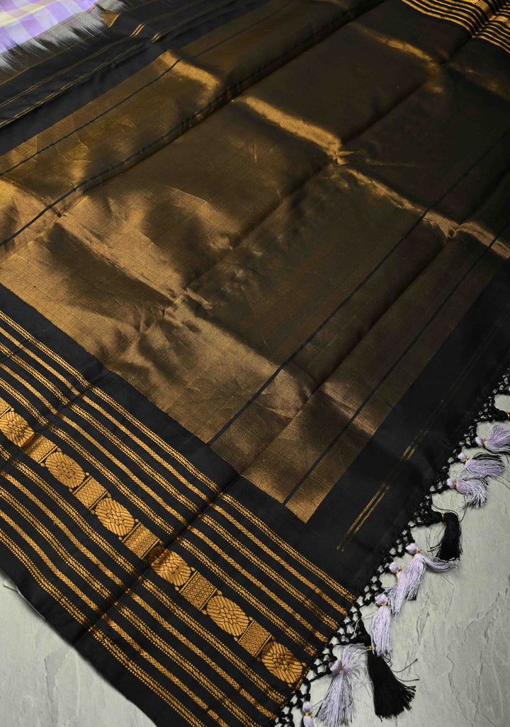 Lavender-Cream Korvai Gadwal Pure Silk Saree with Checks and Contrast Zari Border   | SILK MARK CERTIFIED