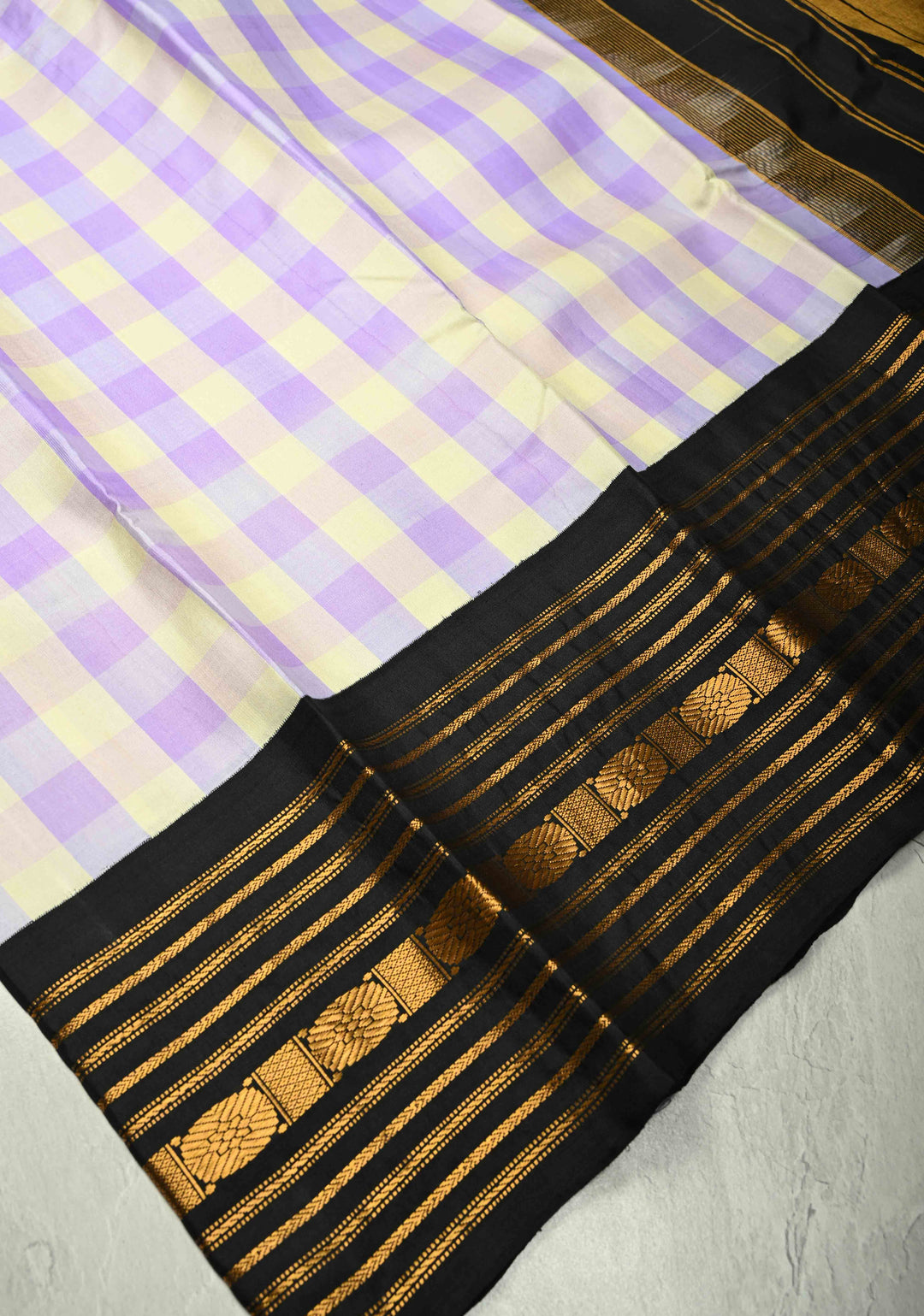 Lavender-Cream Korvai Gadwal Pure Silk Saree with Checks and Contrast Zari Border   | SILK MARK CERTIFIED