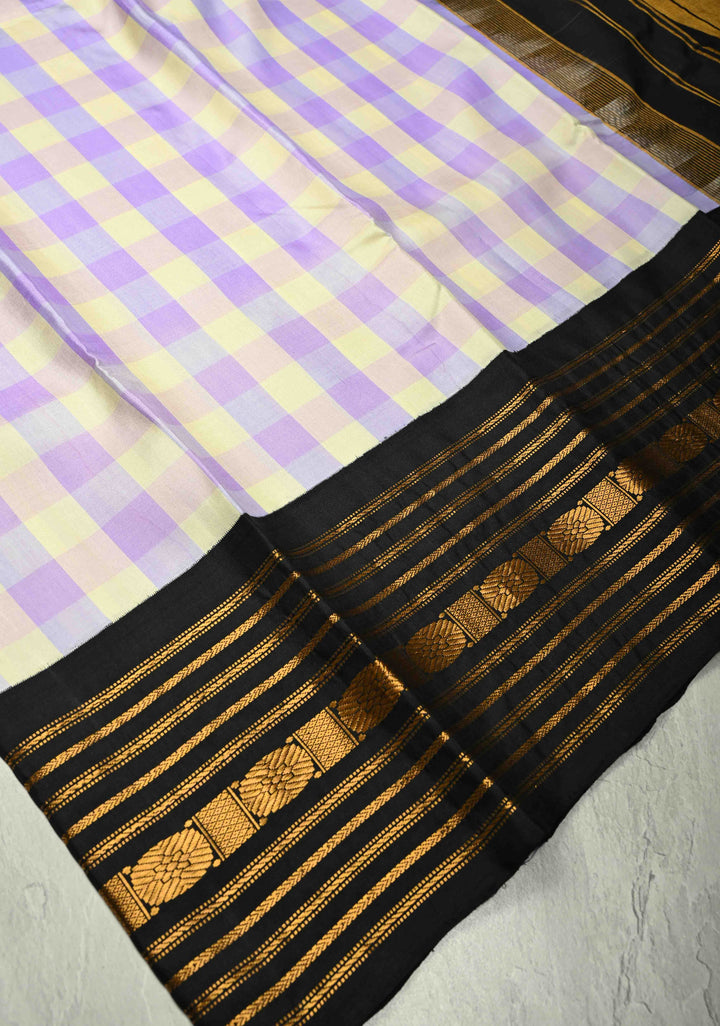 Lavender-Cream Korvai Gadwal Pure Silk Saree with Checks and Contrast Zari Border   | SILK MARK CERTIFIED