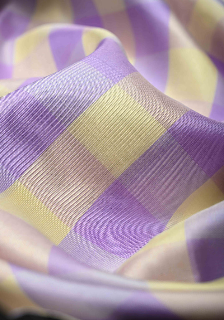 Lavender-Cream Korvai Gadwal Pure Silk Saree with Checks and Contrast Zari Border   | SILK MARK CERTIFIED