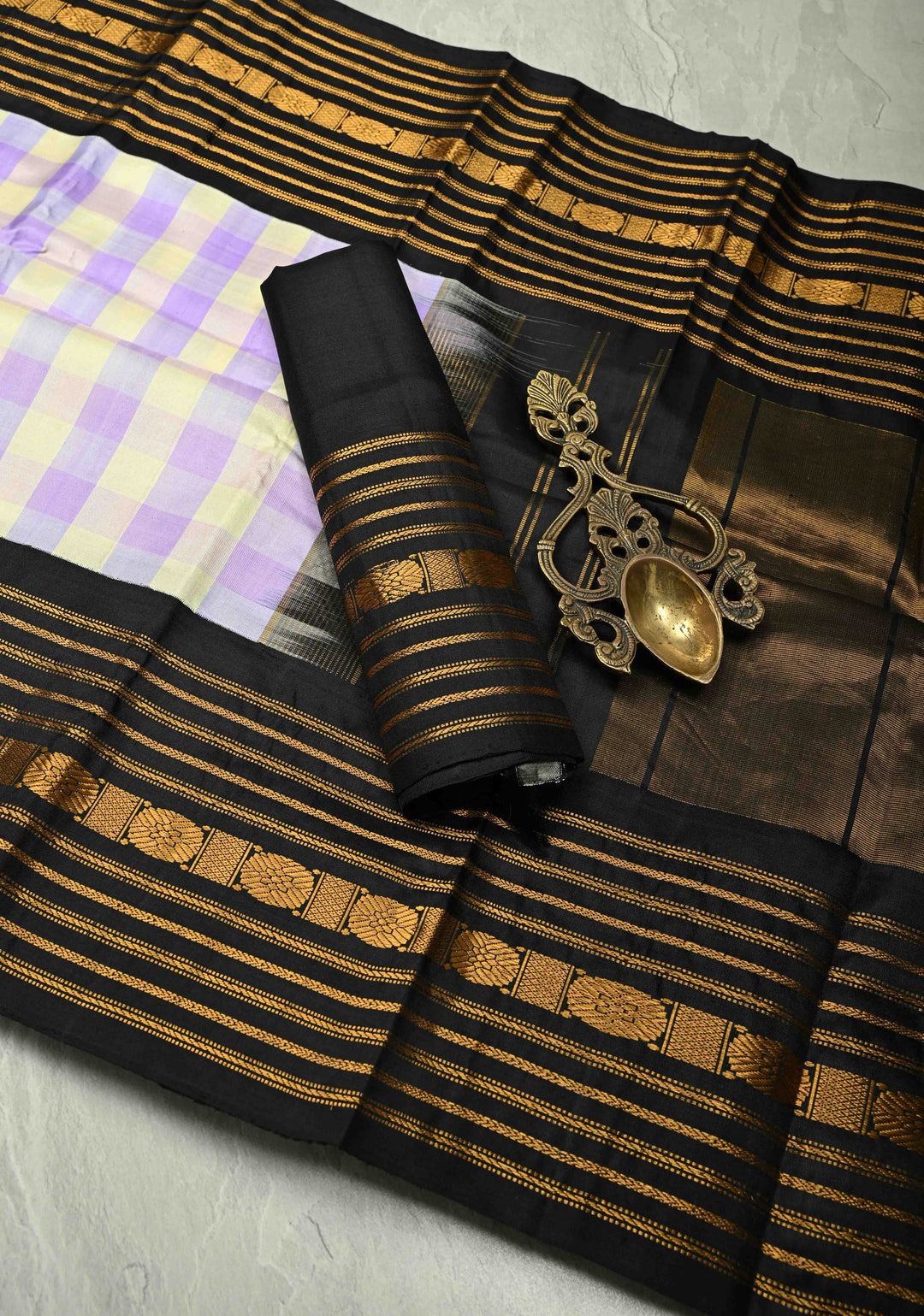 Lavender-Cream Korvai Gadwal Pure Silk Saree with Checks and Contrast Zari Border   | SILK MARK CERTIFIED