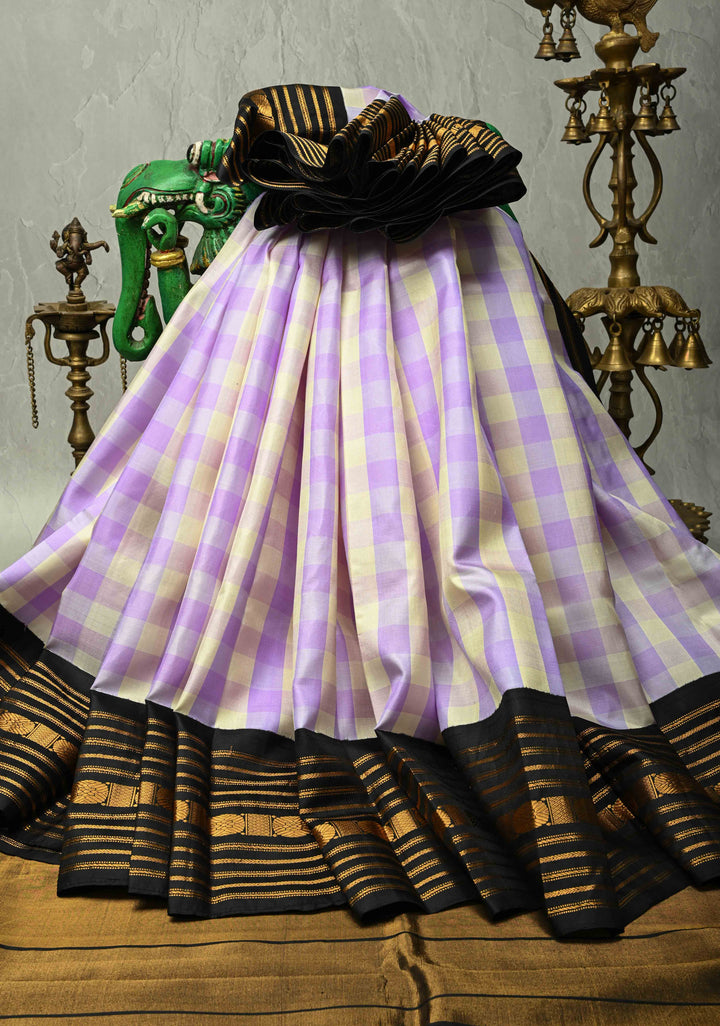 Lavender-Cream Korvai Gadwal Pure Silk Saree with Checks and Contrast Zari Border   | SILK MARK CERTIFIED
