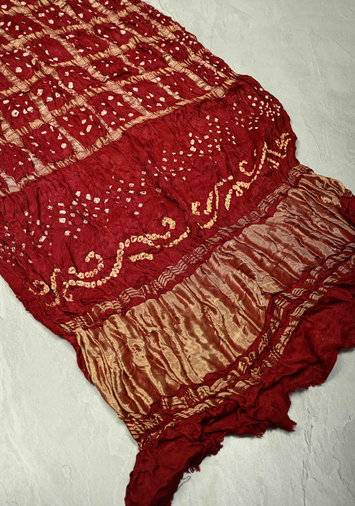 Dupatta : Deep Maroon Pure Gajji Silk Dupatta with Gharchola Design and Sarkam Bandhej