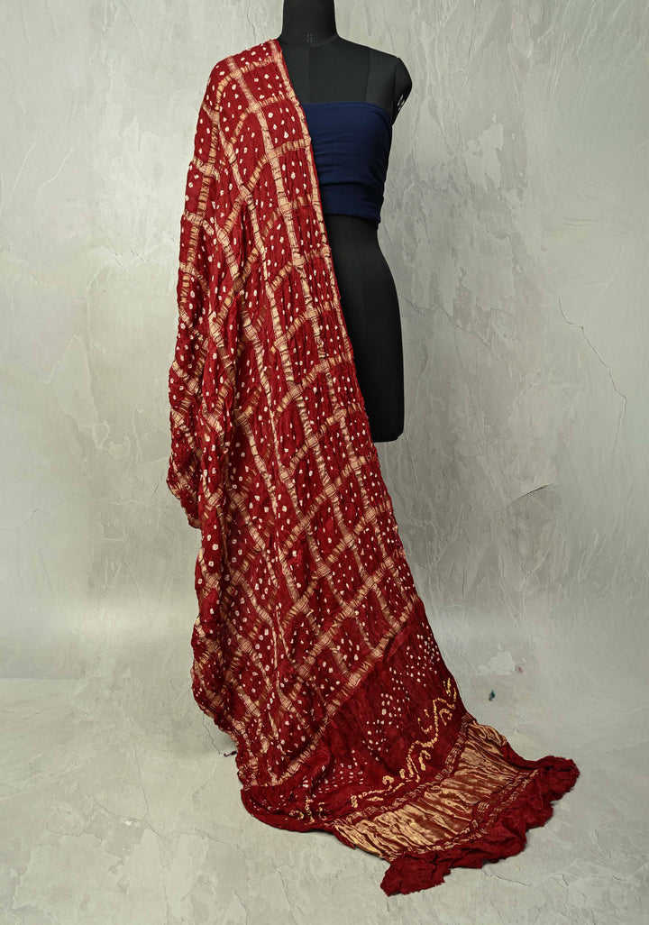 Dupatta : Deep Maroon Pure Gajji Silk Dupatta with Gharchola Design and Sarkam Bandhej