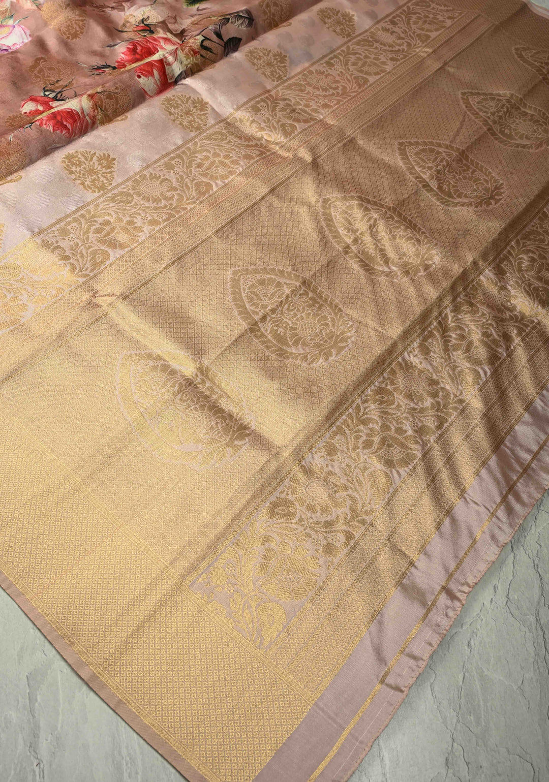 Brown Ombre Art Silk Saree with Floral Digital print and Zari Border, No Blouse Piece | SHOBITAM