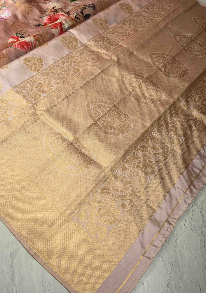 Brown Ombre Art Silk Saree with Floral Digital print and Zari Border, No Blouse Piece | SHOBITAM