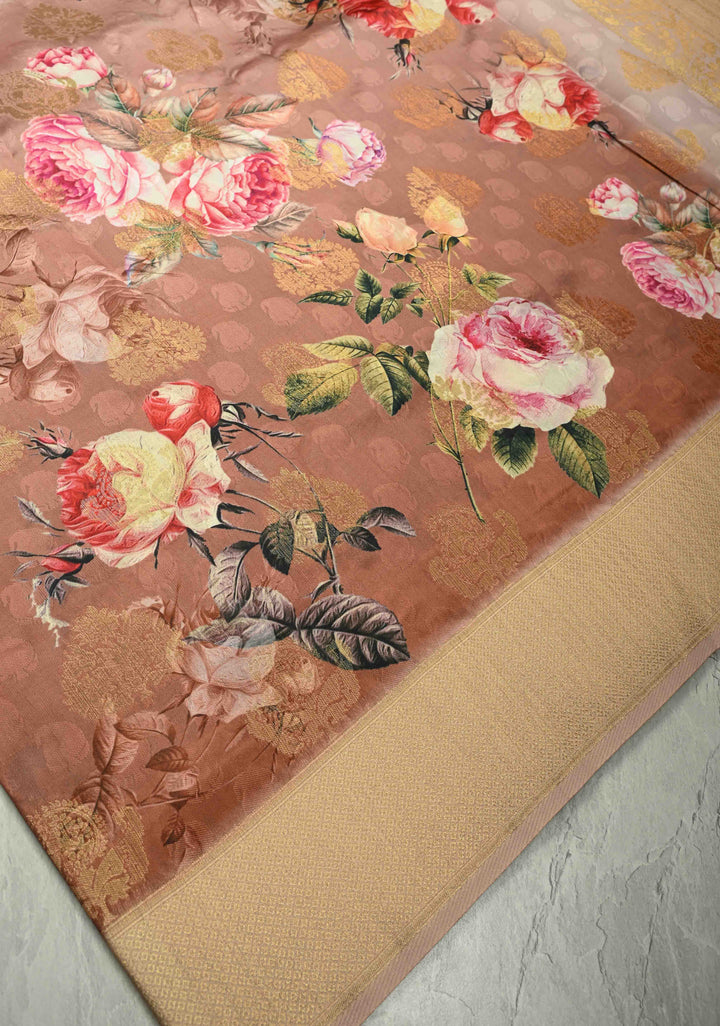 Brown Ombre Art Silk Saree with Floral Digital print and Zari Border, No Blouse Piece | SHOBITAM