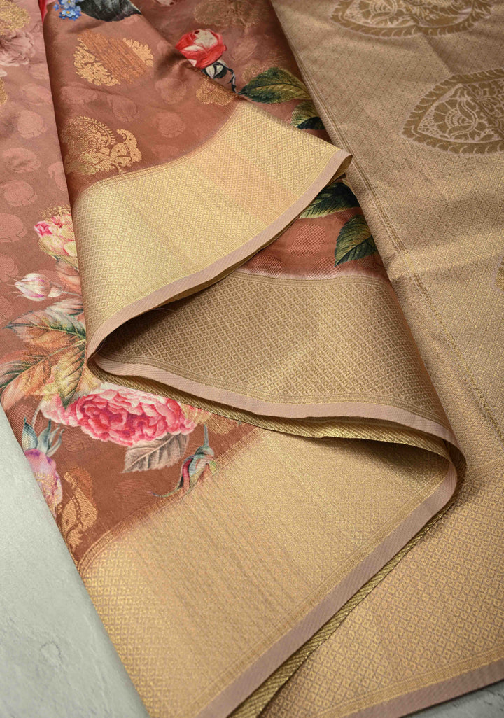 Brown Ombre Art Silk Saree with Floral Digital print and Zari Border, No Blouse Piece | SHOBITAM