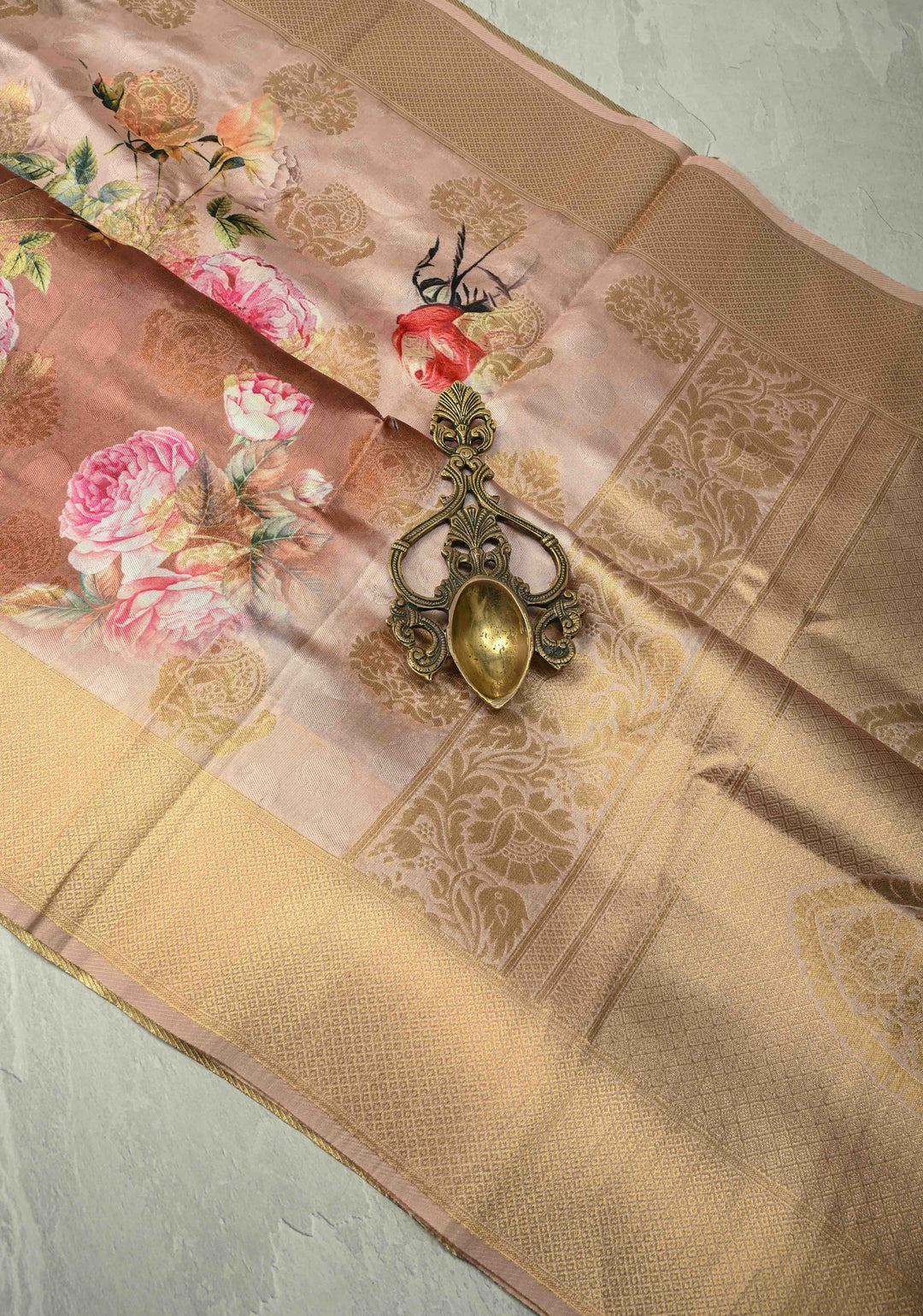 Brown Ombre Art Silk Saree with Floral Digital print and Zari Border, No Blouse Piece | SHOBITAM