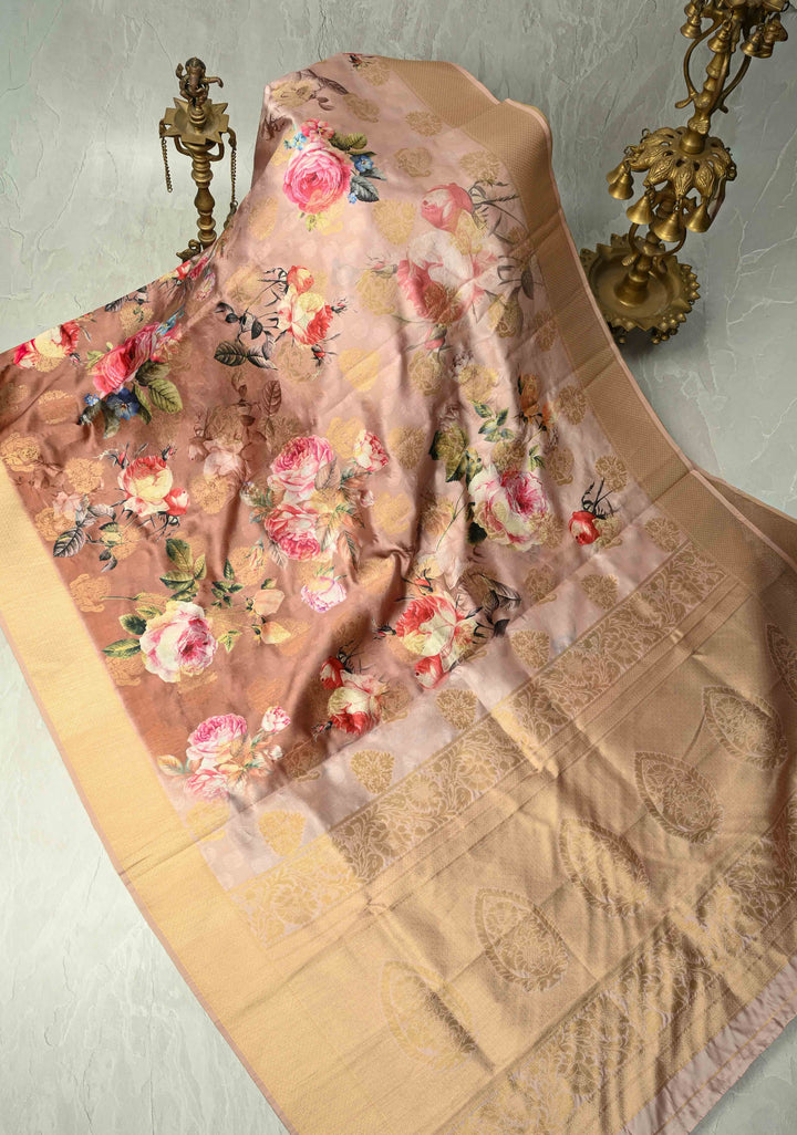 Brown Ombre Art Silk Saree with Floral Digital print and Zari Border, No Blouse Piece | SHOBITAM