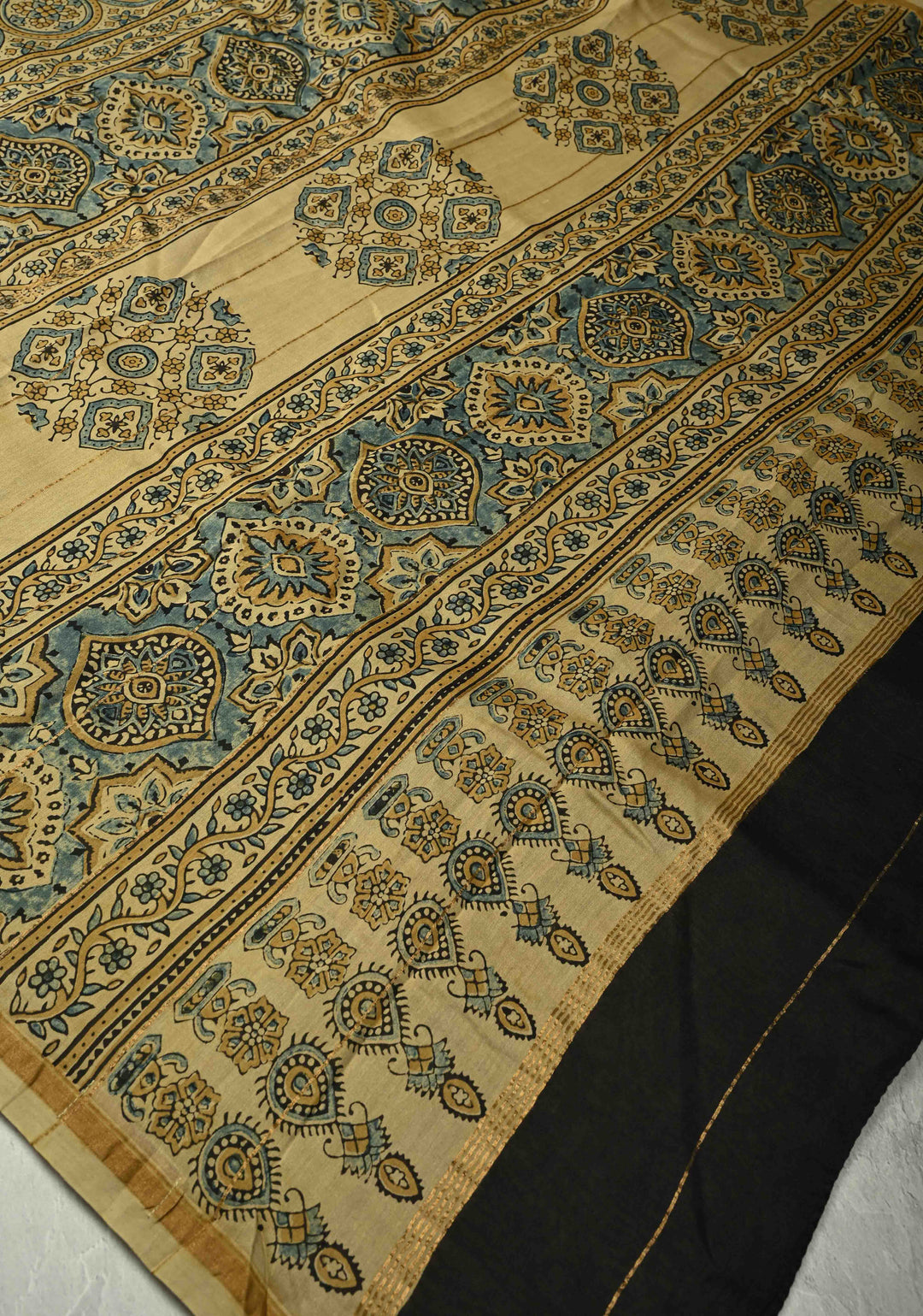 Light Orange Chanderi Silk Cotton Saree in with Bagru Hand Block Print and Minimal Zari Borders (Copy)