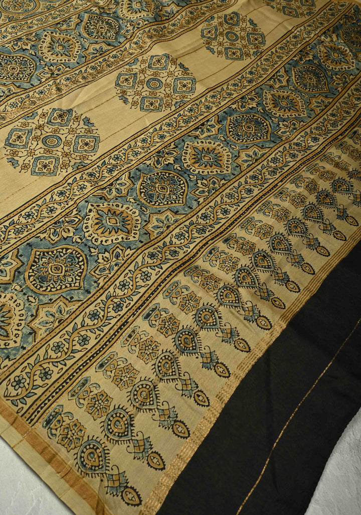 Light Orange Chanderi Silk Cotton Saree in with Bagru Hand Block Print and Minimal Zari Borders (Copy)