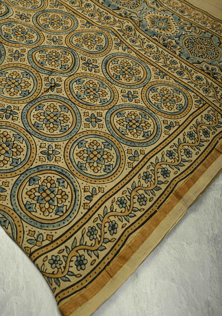 Light Orange Chanderi Silk Cotton Saree in with Bagru Hand Block Print and Minimal Zari Borders (Copy)