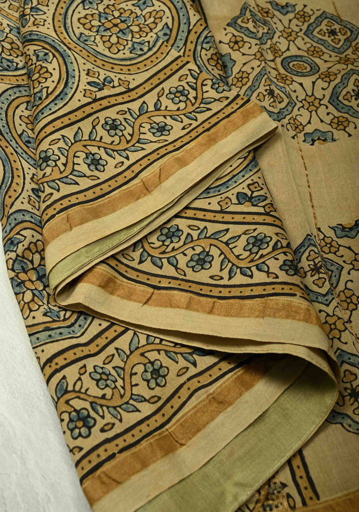 Light Orange Chanderi Silk Cotton Saree in with Bagru Hand Block Print and Minimal Zari Borders (Copy)