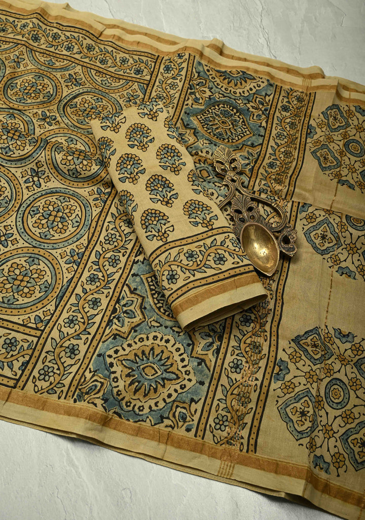 Light Orange Chanderi Silk Cotton Saree in with Bagru Hand Block Print and Minimal Zari Borders (Copy)