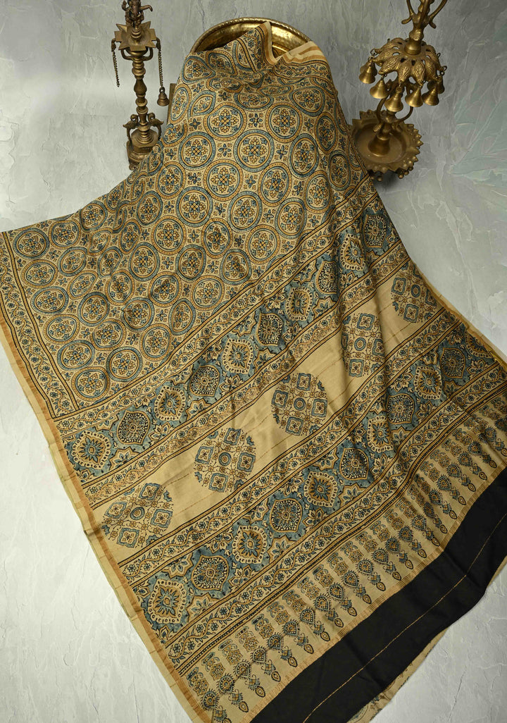 Light Orange Chanderi Silk Cotton Saree in with Bagru Hand Block Print and Minimal Zari Borders (Copy)